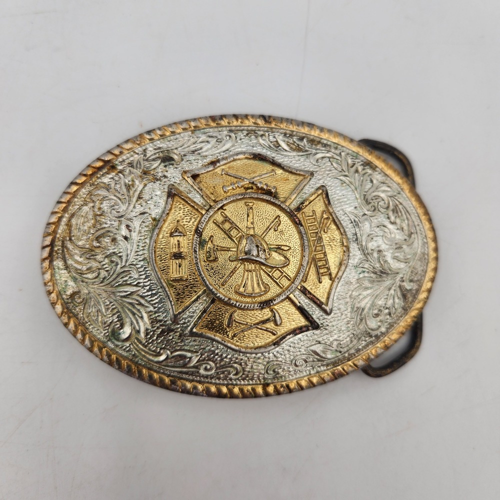 Vintage Aminco Firefighter Belt Buckle The Heritage Collection Two Tone Oval